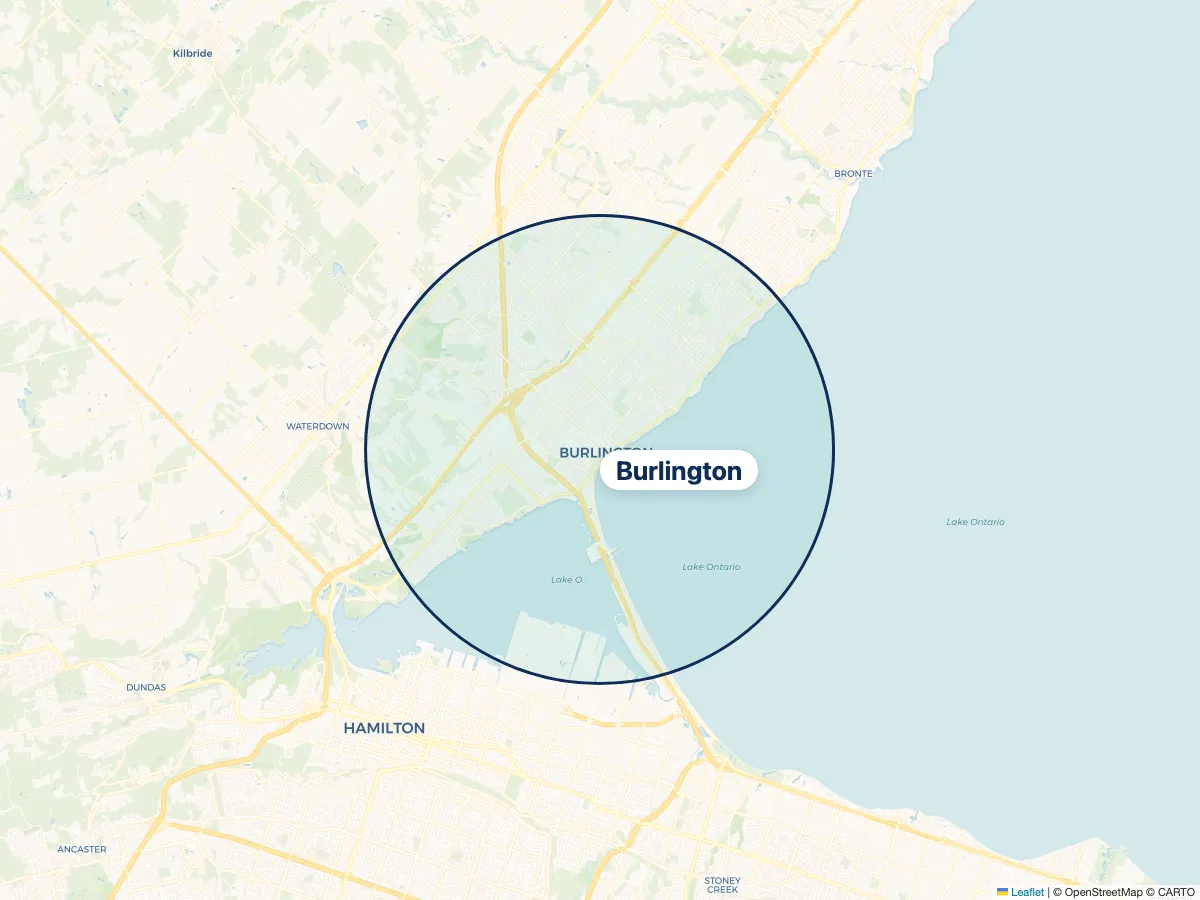 Map of the NestFlo dryer vent cleaning service area around Burlington, Ontario