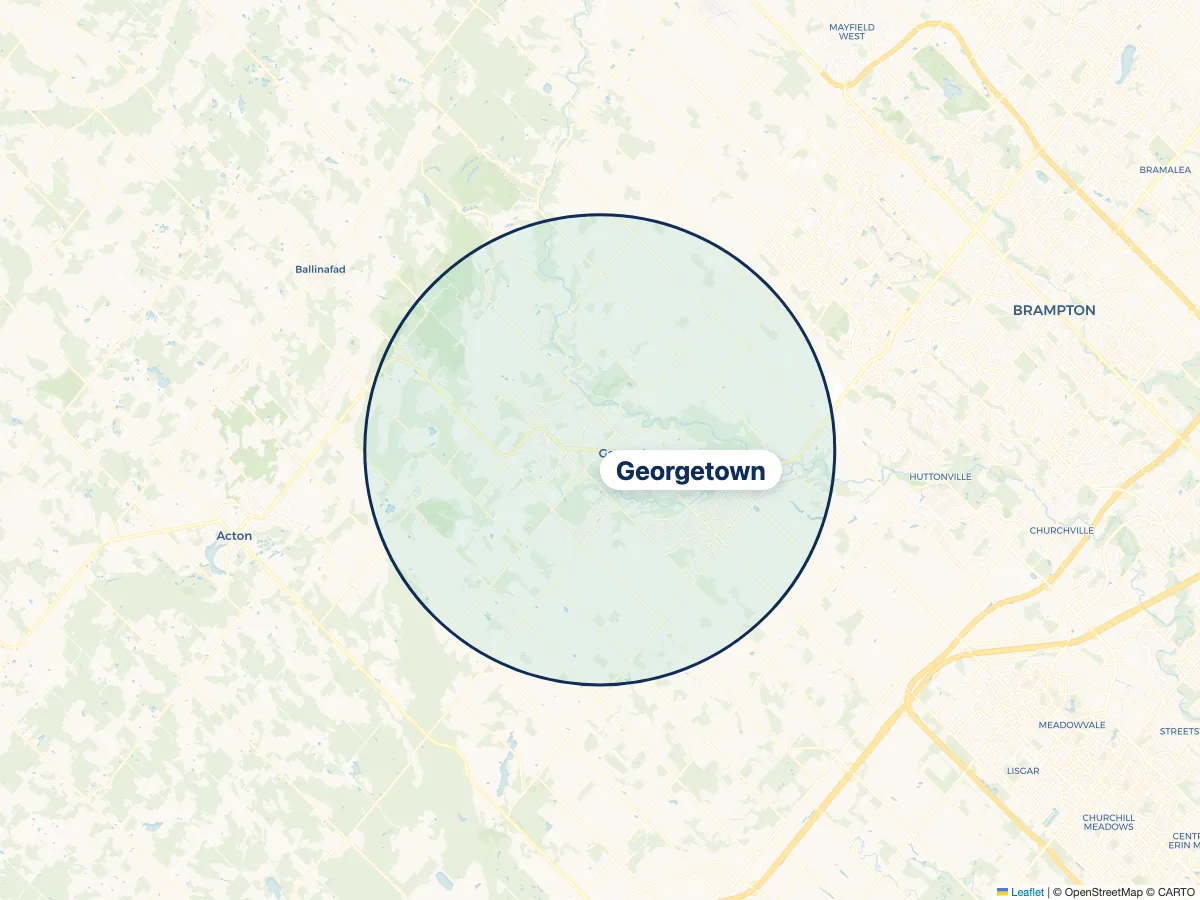 Map of the NestFlo dryer vent cleaning service area around Georgetown, Ontario