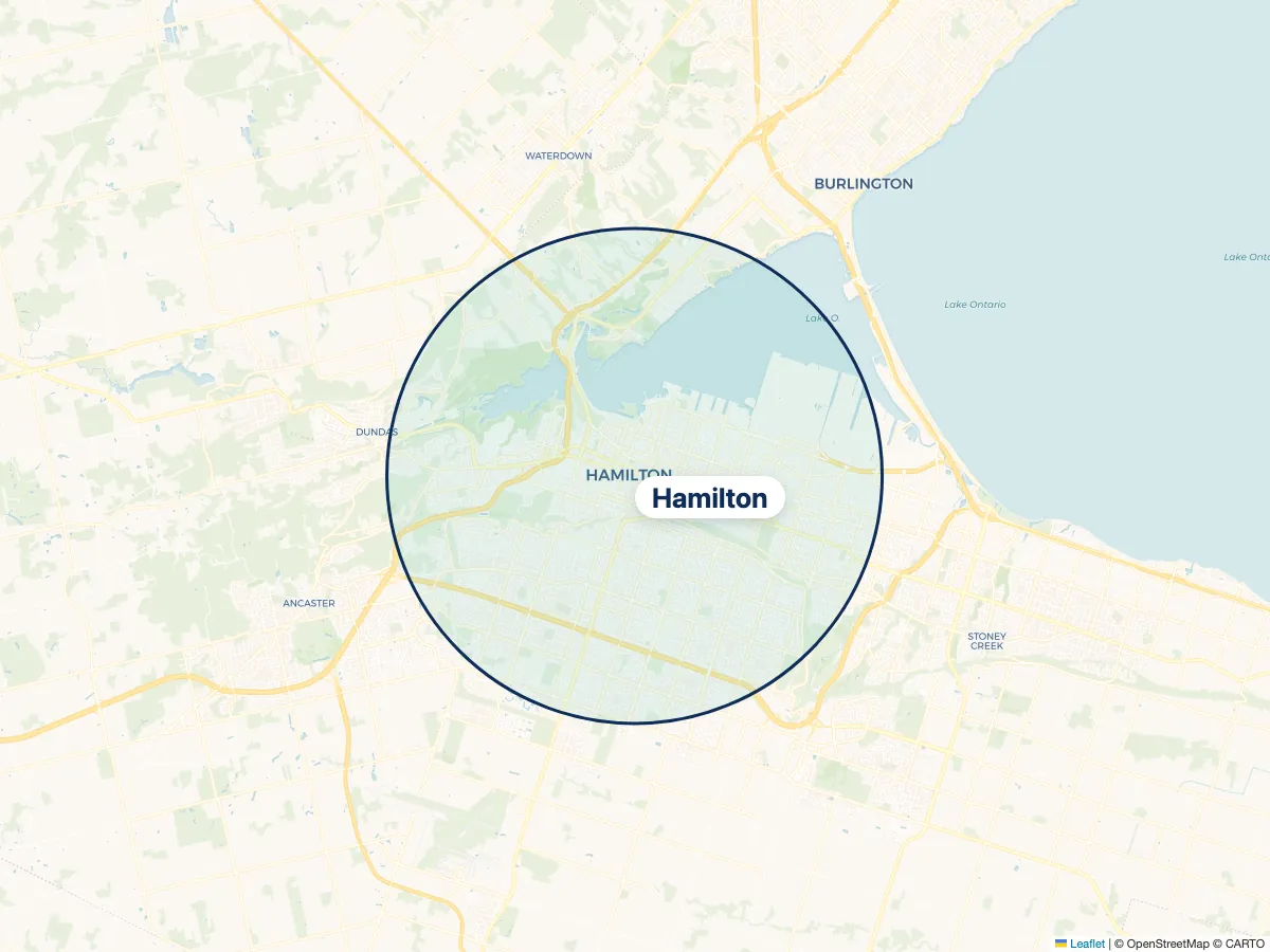 Map of the NestFlo dryer vent cleaning service area around Hamilton, Ontario