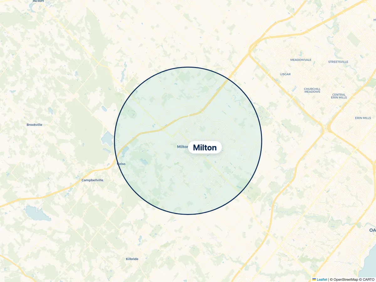 Map of the NestFlo dryer vent cleaning service area around Milton, Ontario