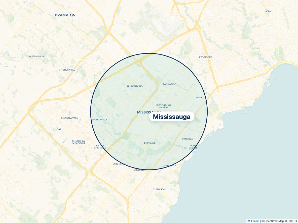 Map of the NestFlo dryer vent cleaning service area around Mississauga, Ontario