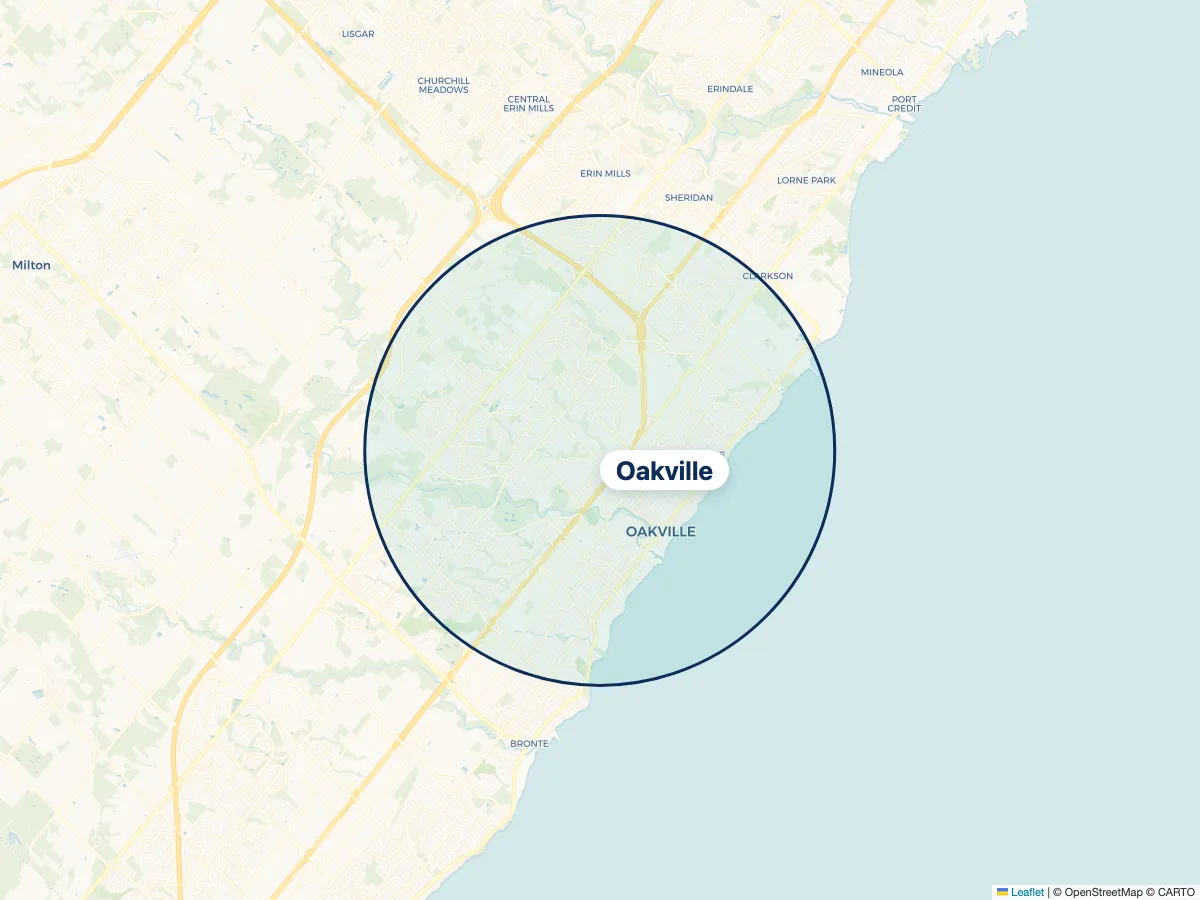 Map of the NestFlo dryer vent cleaning service area around Oakville, Ontario