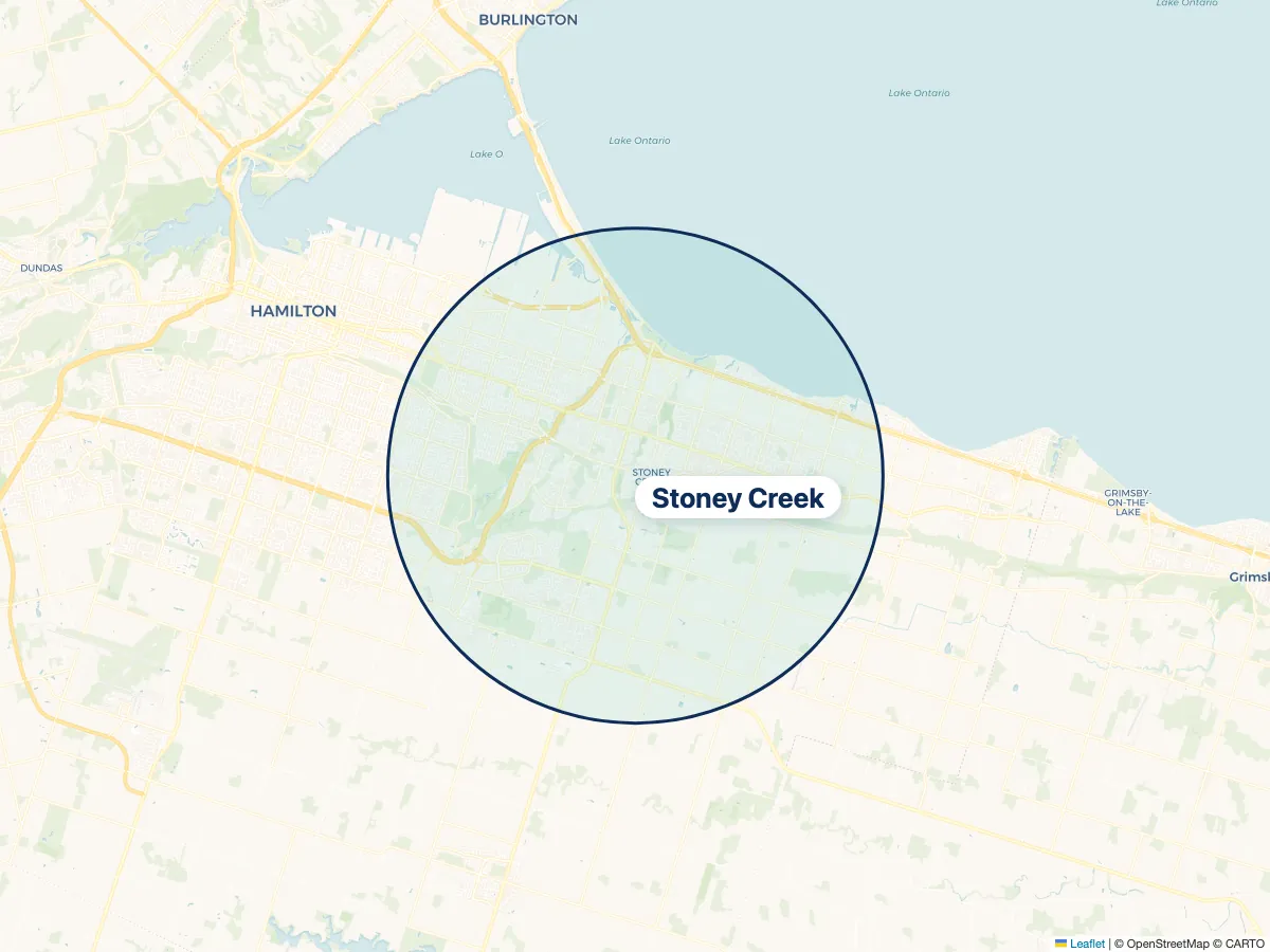 Map of the NestFlo dryer vent cleaning service area around Stoney Creek, Ontario