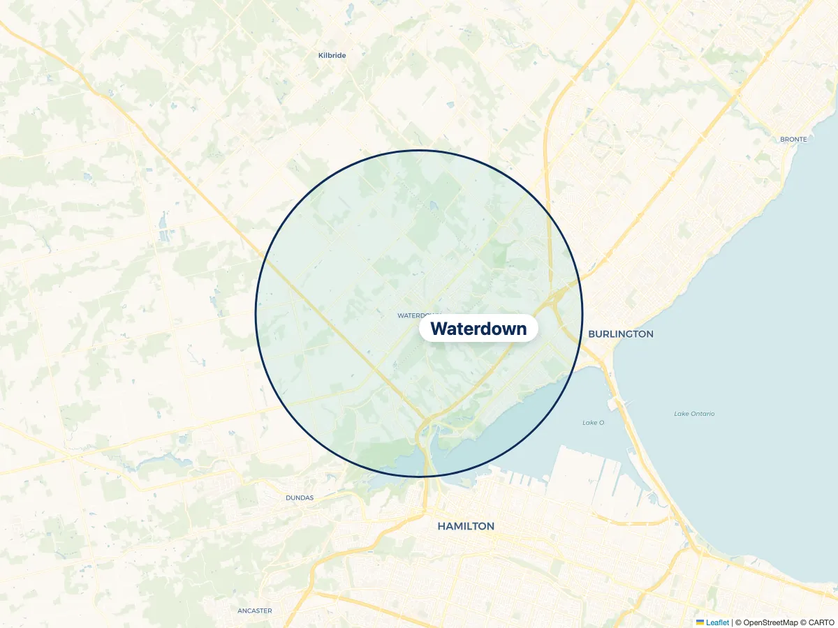 Map of the NestFlo dryer vent cleaning service area around Waterdown, Ontario