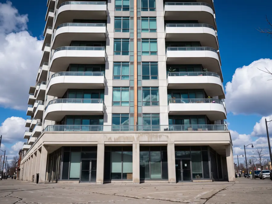 A high-rise condo tower with curved white balconies