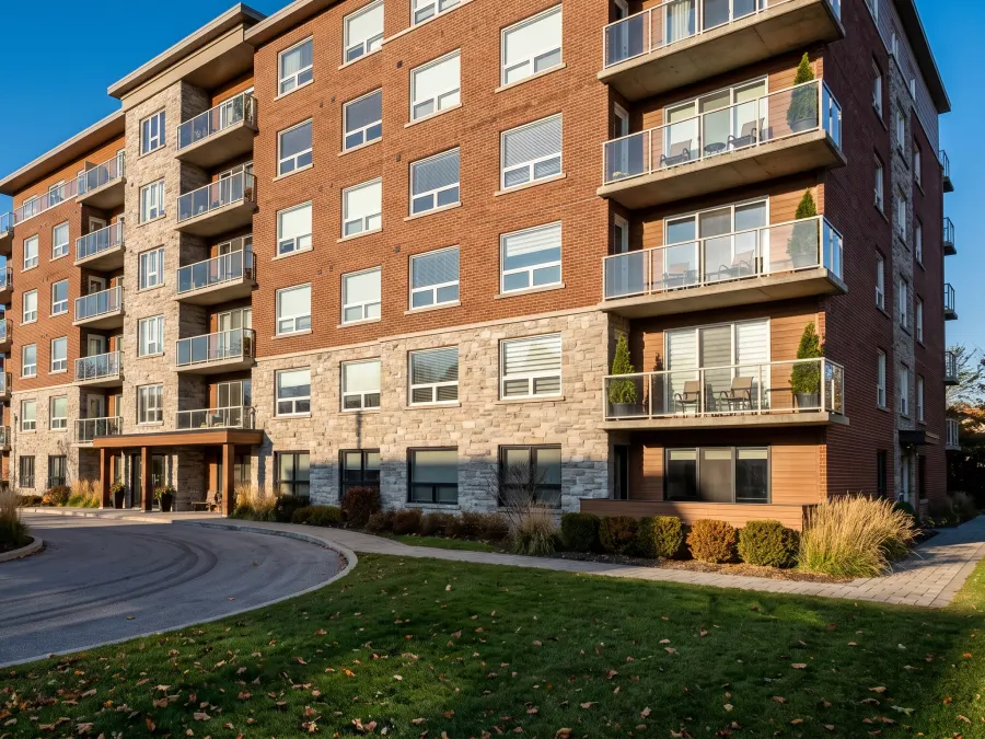 A six-storey brick and stone condo building with balconies and a circular drive