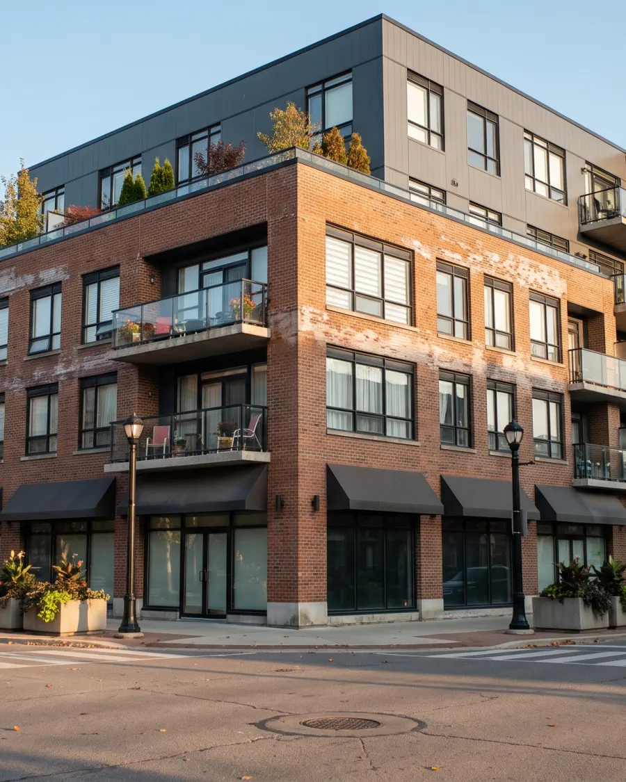 A brick mid-rise condo building on a street corner, with awnings over the ground floor