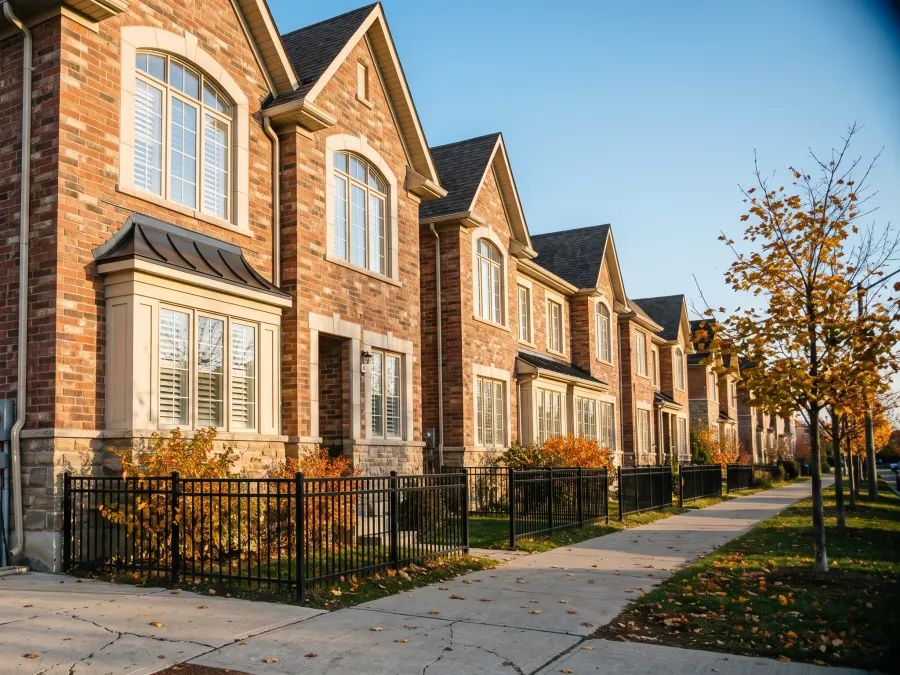 A row of brick townhouses with bay windows along a tree-lined sidewalk
